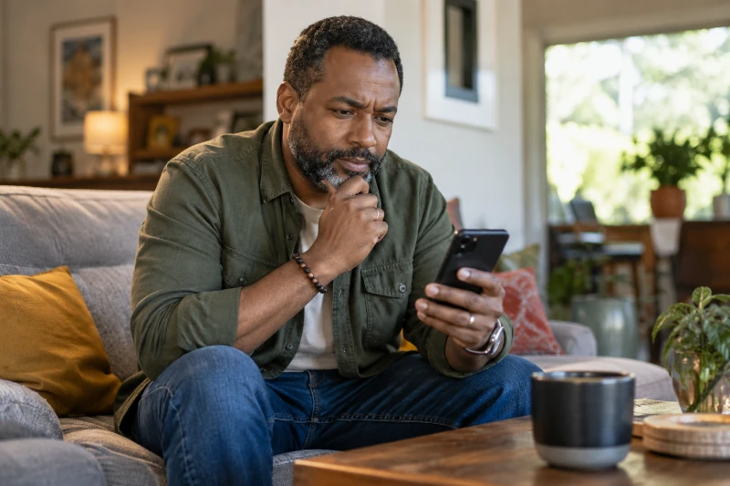 homme vérifiant son application bancaire pour retrouver un paiement
